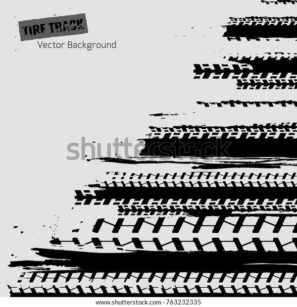 Tire tracks imprint texture. Dirty grunge off-road\
background. Graphic vector illustration useful for creating extreme\
rally, bike races materials. Editable graphic image in black and\
white color.