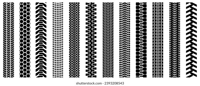 Tire tracks isolated silhouettes set, machinery protectors prints track set, tire ground imprints, vehicles tires footprints, tread brushes, seamless transport ground trace, wheel treads shapes