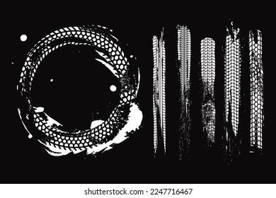 Pistas de neumáticos, marca de neumático. Pistas de neumáticos, trazas de huellas de neumáticos y rodamientos de deriva de bicicletas, fondo de ruedas de suciedad vectorial. Viñeta de impresión de grunge sucia texturada, juego de pistas de neumático de coches y motocicletas.