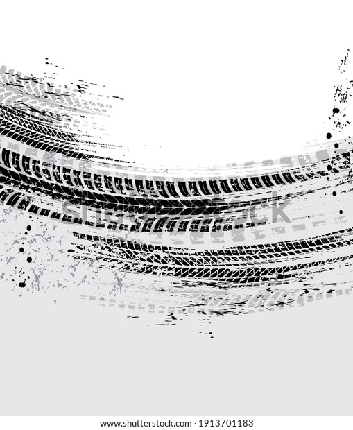 Tire tracks, motorcycle bike wheels or car tread\
marks, vector grunge. Bicycle or motocross road rally tyre track\
prints, motors speeds races rubber trails pattern, tires traction\
on black mud