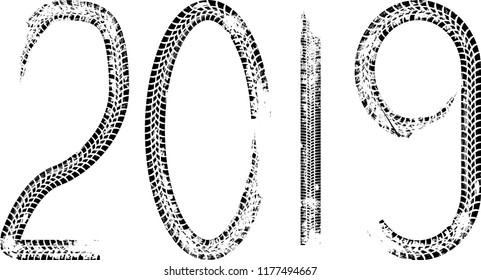 Tire Tracks . New year 2019. Car tread silhouette.