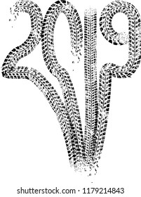 Tire Tracks . New year 2019. Car tread silhouette.
