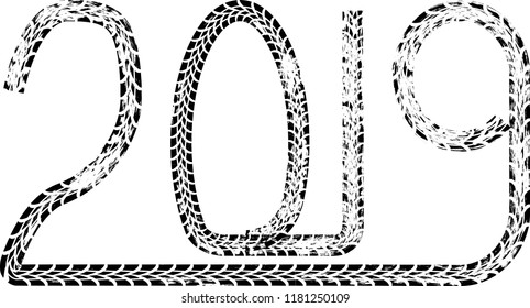 Tire Tracks . New year 2019. Car tread silhouette.