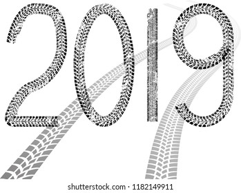 Tire Tracks . New year 2019. Car tread silhouette.