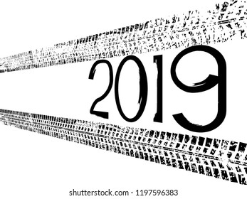 Tire Tracks . New year 2019. Vector Car tread silhouette.