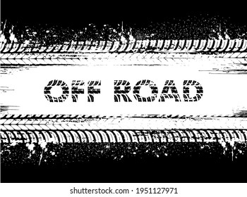 Tire tracks, off road car wheels or truck grunge prints, vector. Motorcycle or car truck tire tracks and tread trails on black dirty mud, rally and sport tyre rubber marks, motocross traces