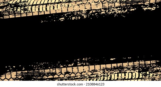 Tire tracks on dirt asphalt road vector illustration. Gold abstract ink grunge texture of motorcycle, car vehicle and bike, diagonal rubber wheels pattern silhouettes isolated on black background