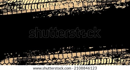 Tire tracks on dirt asphalt road vector illustration. Gold abstract ink grunge texture of motorcycle, car vehicle and bike, diagonal rubber wheels pattern silhouettes isolated on black background