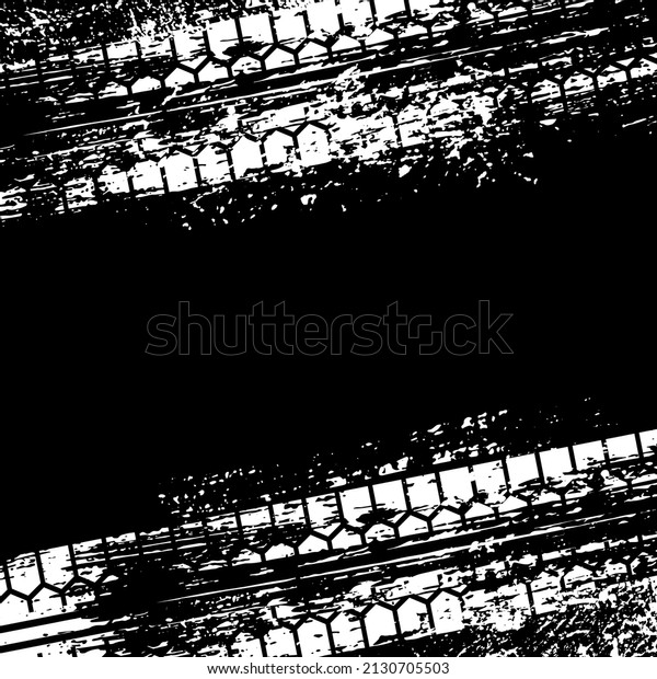 Tire tracks on dirt asphalt road vector\
illustration. White abstract ink grunge texture of motorcycle, car\
vehicle and bike, diagonal rubber wheels pattern silhouettes\
isolated on black\
background