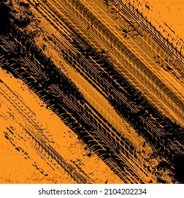 Tire tracks on orange background. Dirty lines with traces of scattered dirt or paint. Grunge tire silhouette. The texture of the tread marks for rally, drift, off-road, drag racing. Vector background