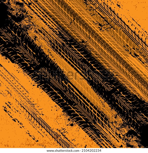 Tire tracks on orange background. Dirty lines\
with traces of scattered dirt or paint. Grunge tire silhouette. The\
texture of the tread marks for rally, drift, off-road, drag racing.\
Vector background