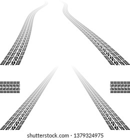 Tire tracks in perspective view. Seamless tire pattern. Vector illustration isolated on white background