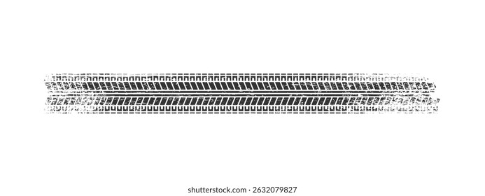 As marcas dos pneus são impressas em preto sobre fundo branco. Marca de grunge para o tema de design automotivo, de corrida ou off-road. Modelo da superfície de apoio das rodas. Ilustração de vetor.