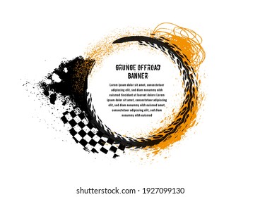 Tire tracks print circular-shaped texture. Automotive grunge round banner. Off-road skid marks template. Editable vector illustration. Graphic image in black, yellow colour on a white background