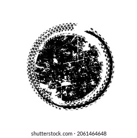 Tire tracks print circular-shaped texture. Automotive grunge round banner. Off-road skid marks template. Editable vector illustration. Graphic image in black colour isolated on a white background