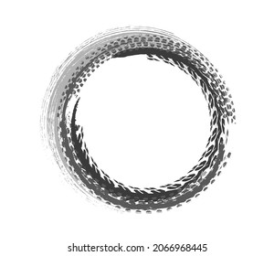 Tire tracks print circular-shaped texture. Automotive grunge round banner. Off-road skid marks template. Editable vector illustration. Graphic image in black, red colour isolated on a white background