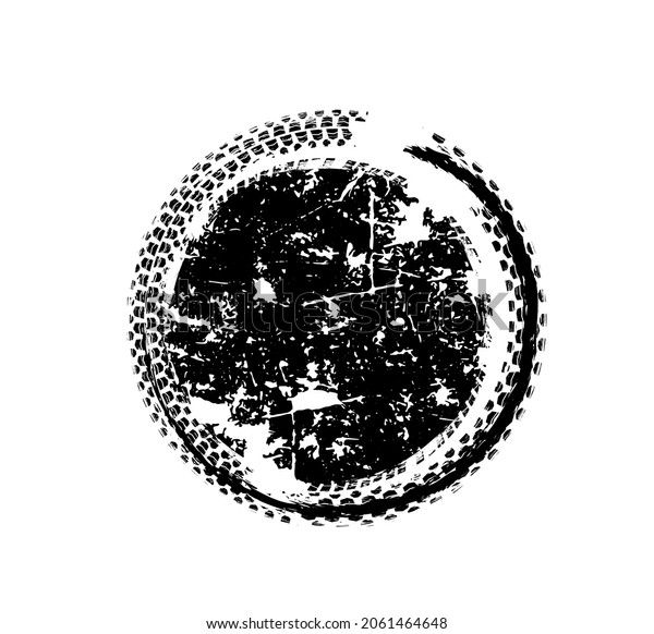 Tire tracks print circular-shaped texture.\
Automotive grunge round banner. Off-road skid marks template.\
Editable vector illustration. Graphic image in black colour\
isolated on a white\
background