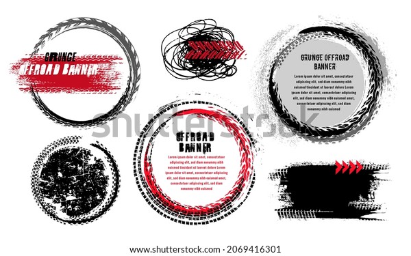 Tire tracks print circular-shaped texture.\
Automotive grunge round banner. Off-road skid marks template.\
Editable vector illustration. Graphic set in white, red colour\
isolated on a white\
background