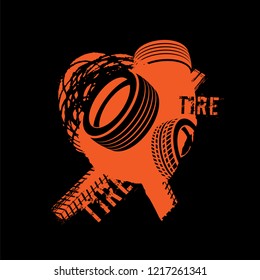 Tire tracks print element. Grunge banner useful for leaflet, poster design. Off-road background. Graphic vector illustration. Editable tyre image in bright orange colour isolated on black background.