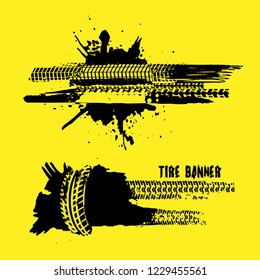 Tire tracks print elements. Grunge banners useful for leaflet, poster design. Off-road background. Graphic vector illustration. Editable tyre image in black colour isolated on yellow background.