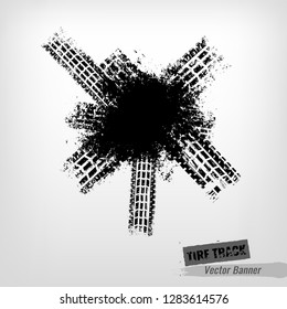 Tire Tracks Print Texture. Automotive grunge banner. Off-road background. Graphic vector illustration. Editable graphic image in black colour isolated on a light grey background.