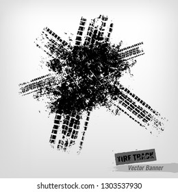 Tire Tracks Print Texture. Automotive grunge banner. Off-road background. Graphic vector illustration. Editable graphic image in black colour isolated on a light grey background.