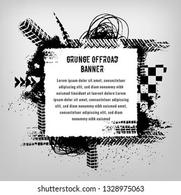 Tire Tracks Print Texture. Automotive grunge banner. Off-road background. Graphic vector illustration. Editable graphic image in black and white colour isolated on a light grey background.