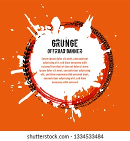 Tire Tracks Print Texture. Automotive grunge banner. Off-road background. Graphic vector illustration. Editable graphic image in black and white colour isolated on orange background.