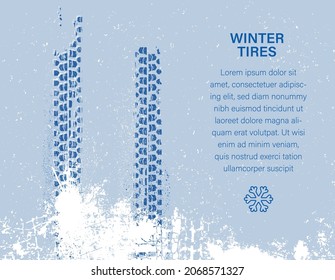 Tire tracks print texture. Automotive grunge horizontal banner. Off-road skid marks template. Driving in winter. Vector illustration. Editable background in white, blue colours