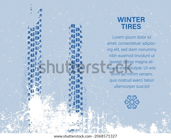 Tire tracks\
print texture. Automotive grunge horizontal banner. Off-road skid\
marks template. Driving in winter. Vector illustration. Editable\
background in white, blue\
colours