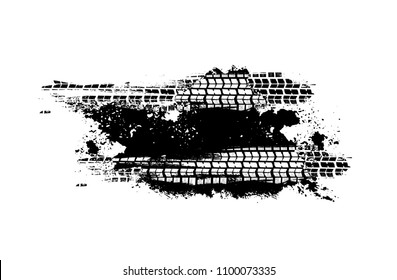 Tire Tracks Print Texture. Horizontal grunge banner. Off-road background. Graphic vector illustration. Editable graphic image in black colour isolated on a white background.