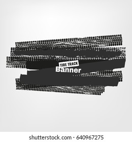 Tire Tracks Print Texture. Horizontal grunge banner. Off-road background. Graphic vector illustration. Editable graphic image in dark grey and white colors