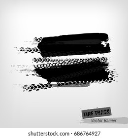 Tire Tracks Print Texture. Horizontal grunge banner. Off-road background. Graphic vector illustration. Editable graphic image in black colour isolated on a light grey background.