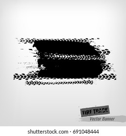 Tire Tracks Print Texture. Horizontal grunge banner. Off-road background. Graphic vector illustration. Editable graphic image in black colour isolated on a light grey background.