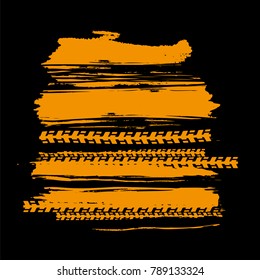 Tire Tracks Print Texture. Horizontal grunge strokes. Off-road background. Graphic vector illustration. Editable graphic image in dark grey and orange colors