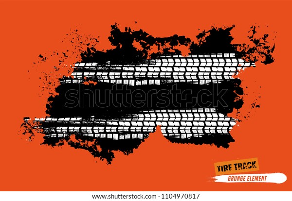 Tire Tracks Print Texture. Horizontal grunge
banner. Off-road background. Graphic vector illustration. Editable
graphic image in black and white color isolated on the orange
background.