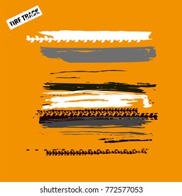 Tire tracks print texture. Off-road grunge background. Graphic vector illustration. Editable image in black, white and grey colour isolated on the orange background.
