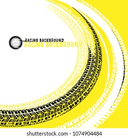 Tire tracks prints texture. Off-road grunge background. Editable vector illustration useful for automotive poster or leaflet design. Isolated graphic image in black, white and yellow colors.