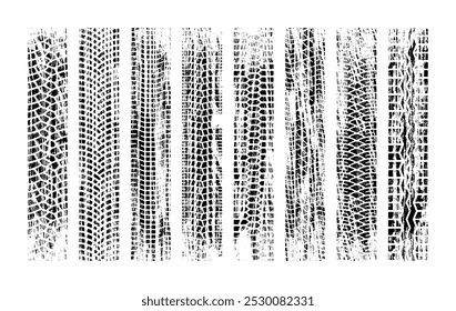 Tire tracks rough texture set. Tire tread or wheel braking tracks. Car and motorcycle tread seamless patterns.	
