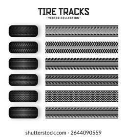 Tire tracks, rubber wheels, and braking marks. Truck, car, or motorcycle tread pattern silhouettes. Perfect for auto racing, motorsport, and speed-related designs. Vector illustration