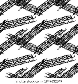 Tire tracks seamless background or pattern. Wheels print with grunge texture. Vector illustration.