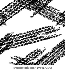 Tire tracks seamless background or pattern. Wheels print with grunge texture. Vector illustration.