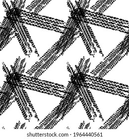Tire tracks seamless background or pattern. Wheels print with grunge texture. Vector illustration.