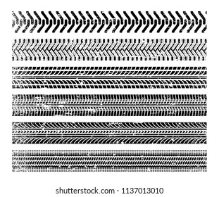 Tire tracks set. Black impressions left by vehicle tires on the surface. Vector flat style cartoon illustration isolated on white background