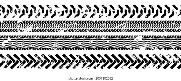 Tire tracks, a set of vectors of tread tracks. A frame made of tracks from a truck, a car with a grunge effect.