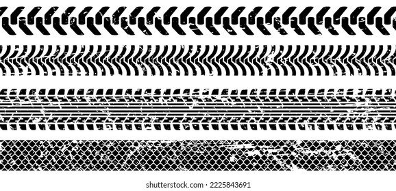 Tire tracks, a set of vectors of tread tracks. A frame made of tracks from a truck, a car with a grunge effect.