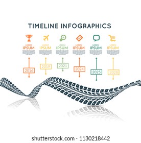 Tire tracks timeline infographics. Vector illustration on white