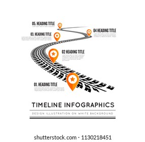 Tire tracks timeline infographics. Vector illustration on white