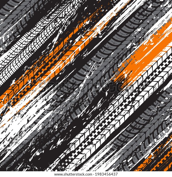 Tire tracks vector background with grunge prints\
of wheel tyre marks on dirt road. Offroad race or rally sport\
motorcycle, truck, motor bike or car tire tread pattern, vehicle\
traces backdrop design