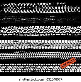 Tire tracks vector illustration. Grunge automotive background element useful for poster, print, flyer, book, booklet, brochure and leaflet design. Editable graphic image in white and black colors.